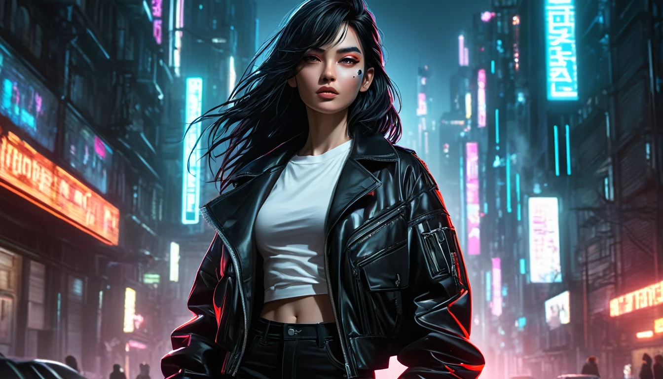 ((Reyna)), ((Forged in the heart of Russia)), Image is a digital illustration featuring a female character with a dark, mysterious aesthetic. She has a white skin tone and is dressed in a cropped jacket, a white t-shirt, and high-waisted black pants, long wavy hair. The vibrant colours pop against a gritty cyber city backdrop The background is dark, emphasizing the glowing elements and the character's confident, powerful stance. The overall style is sleek and modern, with a focus on dramatic lighting and shadow to create a sense of depth and intensity. ((Standing tall and hero pose)), UHD, masterpiece, accurate, super detail, high quality, high details, award winning, best quality, highres, 1080P, HD, 4K, 8k, 16k, ((Perfect black eyes)), Looking to viewer, straight pose, ((Straight view)), ((Full body)), ((Vibrant cyber city))