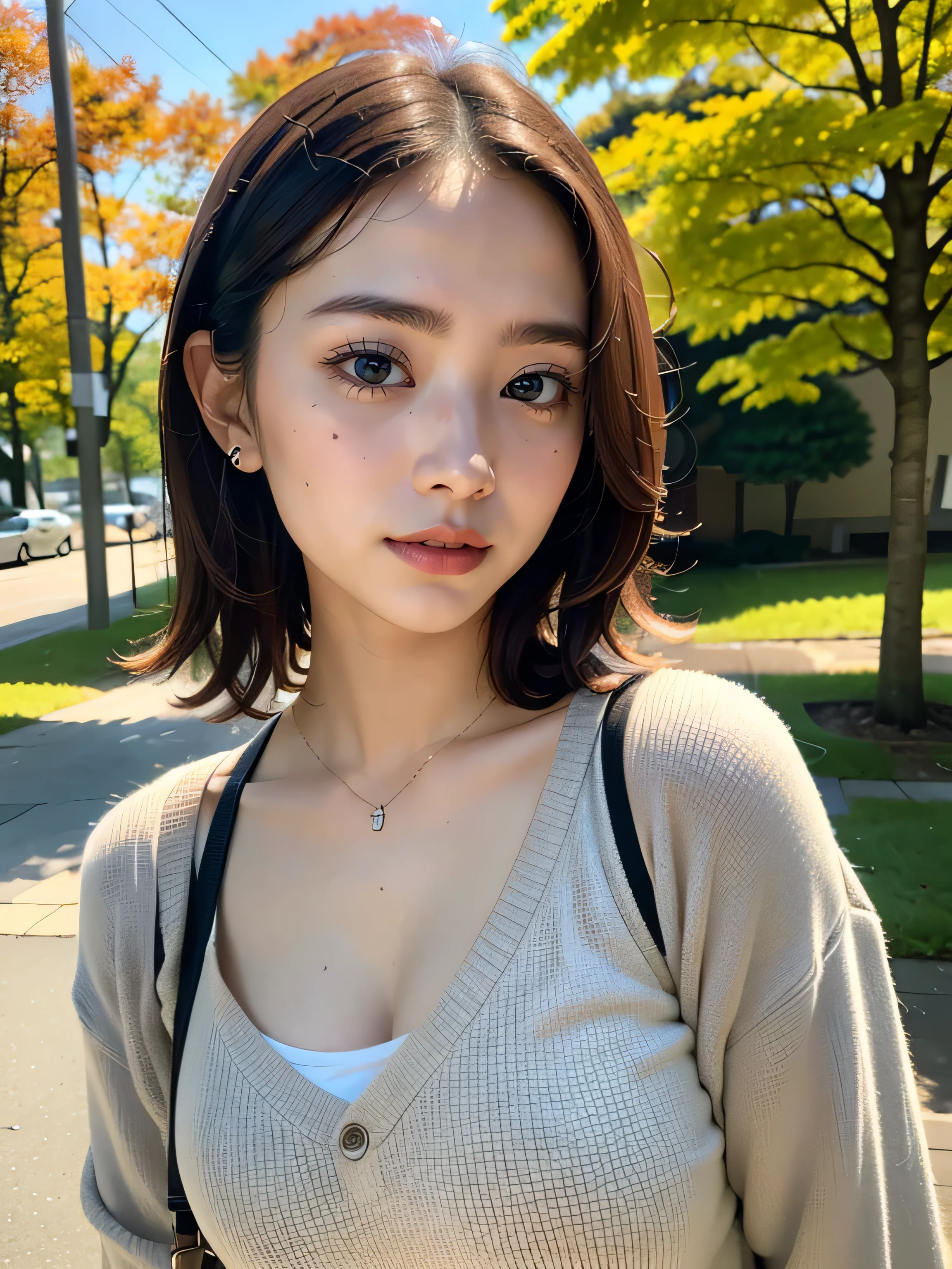 ((highest quality)), (be familiar with), beautiful girl, Japanese girl, one person, no cut, Slender, baby face, Photo like, Cosplayer, outdoor, Autumn Clothes, chiaroscuro, ((masterpiece)), 16k, textured skin, super detail