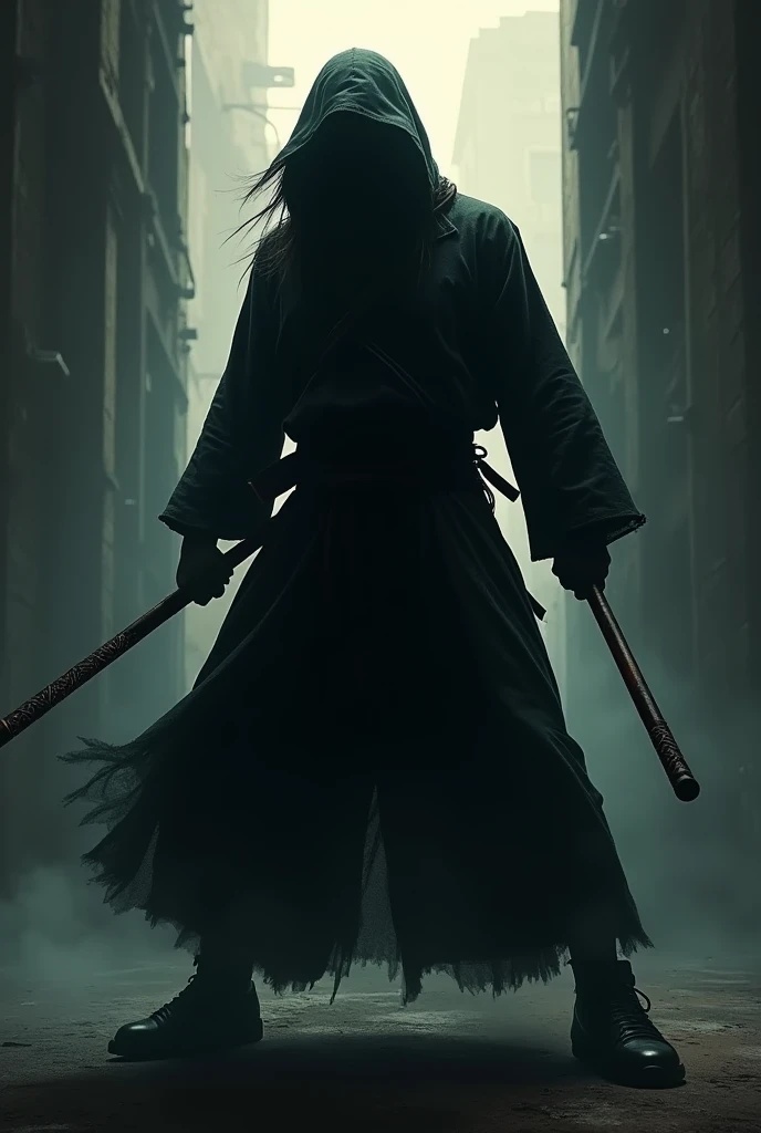 Japanese female assassin wearing a cloth mask and holding a katana beheading her enemy