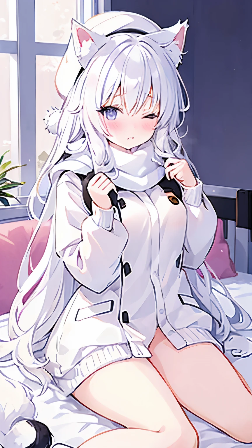 Cute anime girl, white long hair, fluffy cat ears, white skin, black eyes, winter scarf, white beret, plain white winter jacket, no skirt, exposed thighs, exposed legs, plump skin, blushing, one eye closed, laying in bed, small sized breasts, NO panties, nsfw, missionary POV, exposed vagina