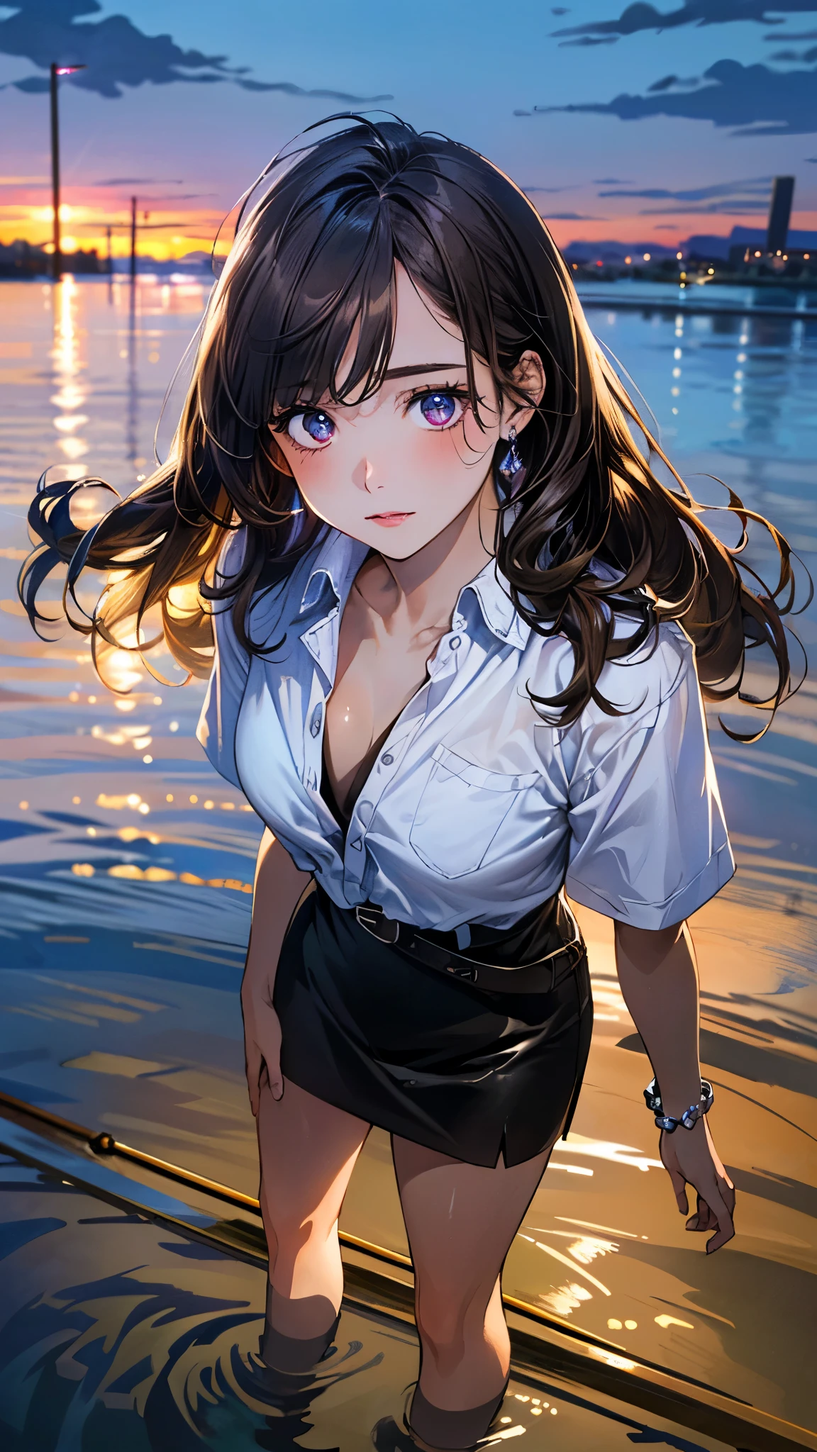 ((masterpiece, best quality, high resolution, ultra high definition, Pixel perfect, depth of field, 4K, RTX, human development report))), 1 girl, single, alone, Temperament anime girl, beautiful art style, anime characters, ((long hair, Bangs, brown hair)), ((blue eyes:1.4, round eyes, beautiful eyelashes, realistic eyes)), ((Detailed face, blush:1.2)), ((smooth texture:0.75, lifelike质感:0.65, lifelike:1.1, Anime CG style)), medium breasts, dynamic angle, Perfect body, ((portrait, Throw)), ((White shirt, black skirt, Plaid skirt, black stockings)), Smile,Half-open shirt exposing chest,Night view platform at night