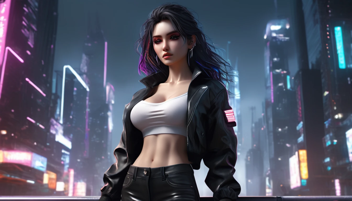 ((Reyna)), ((Forged in the heart of Russia)), Image is a digital illustration featuring a female character with a dark, mysterious aesthetic. She has a white skin tone and is dressed in a cropped jacket, a white t-shirt, and high-waisted black pants, long wavy hair. The vibrant colours pop against a gritty cyber city backdrop The background is dark, emphasizing the glowing elements and the character's confident, powerful stance. The overall style is sleek and modern, with a focus on dramatic lighting and shadow to create a sense of depth and intensity. ((Standing tall and hero pose)), UHD, masterpiece, accurate, super detail, high quality, high details, award winning, best quality, highres, 1080P, HD, 4K, 8k, 16k, ((Perfect black eyes)), Looking to viewer, straight pose, ((Straight view)), ((Full body)), ((Vibrant cyber city)), ((Big cleavage))