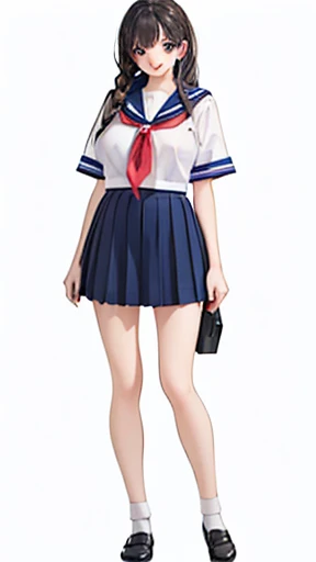 Beautiful Anime Girls, young, Teacher Lookbook、(((Full body image)))、(((smile)))、Open your mouth a little、Micro Mini Skirt、Ultra mini skirt、ponytail、Braids、Long Hair、(((Big Breasts)))、Japanese、low length、((Best Quality、8k、masterpiece:1.3)),((((Full Body Shot)))),Ultra-high resolution、Sailor suit、A skirt so short that you can see your underwear、Red scarf