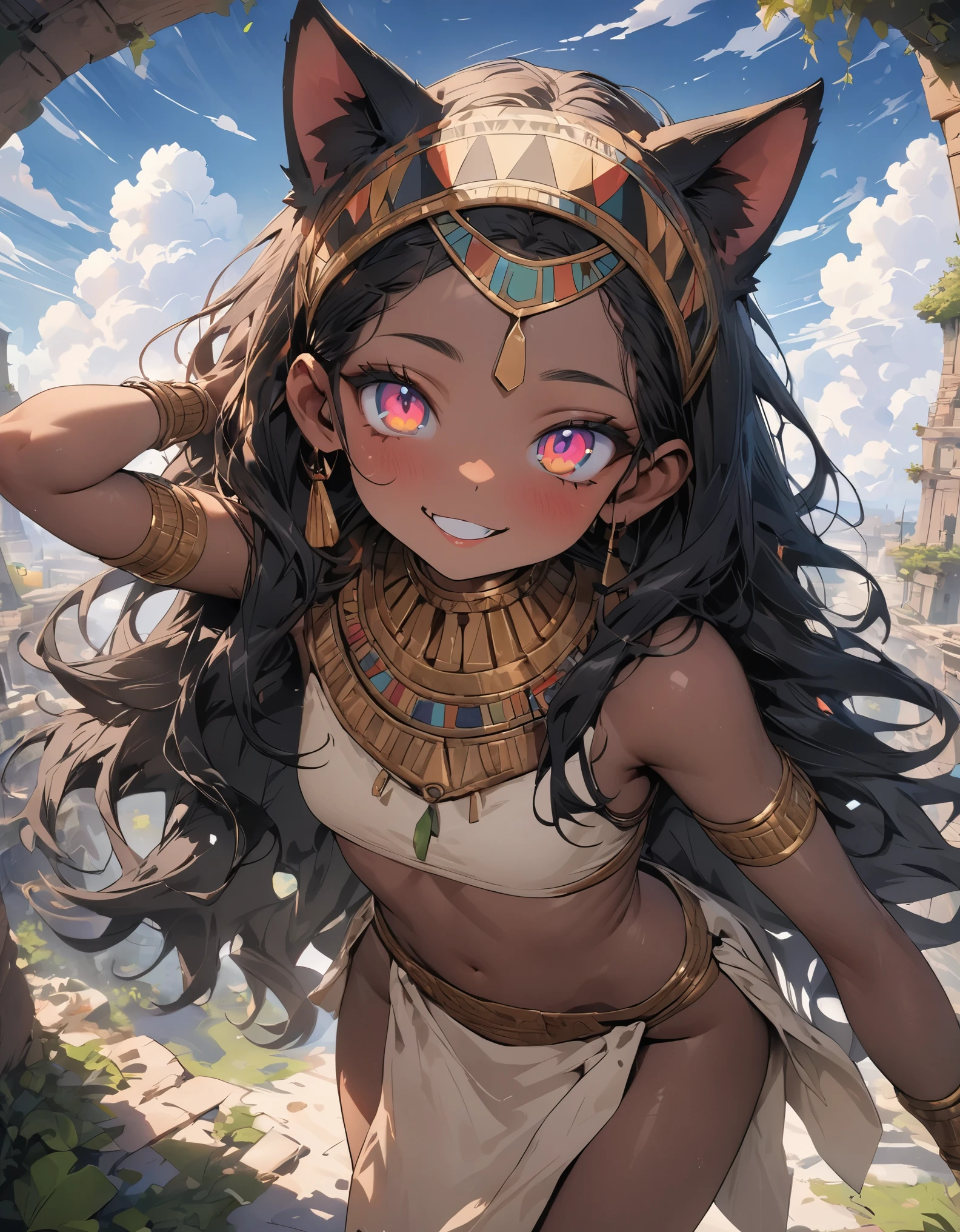 ((Frank Frazetta)), Beautiful full-bodied black woman, gorgeous eyes、 egyptian woman, Egyptian adornments, muscled body e perfeito,(maximum quality、8k、32 mil、Masterpiece artwork、nffsw:1.3)、超High resolution,(Photorealistic:1.4),, long black hair with heavy bangs on the forehead,,,sun glints,depth of fields,Backlight effects add depth to the screen、muscled body, red veil, dark skin shiny with oil and sweat, Anubis warrior in small clothes, good golden, Egyptian tattoo,, breasts big, generous neckline, , A desert, pyramids in the background