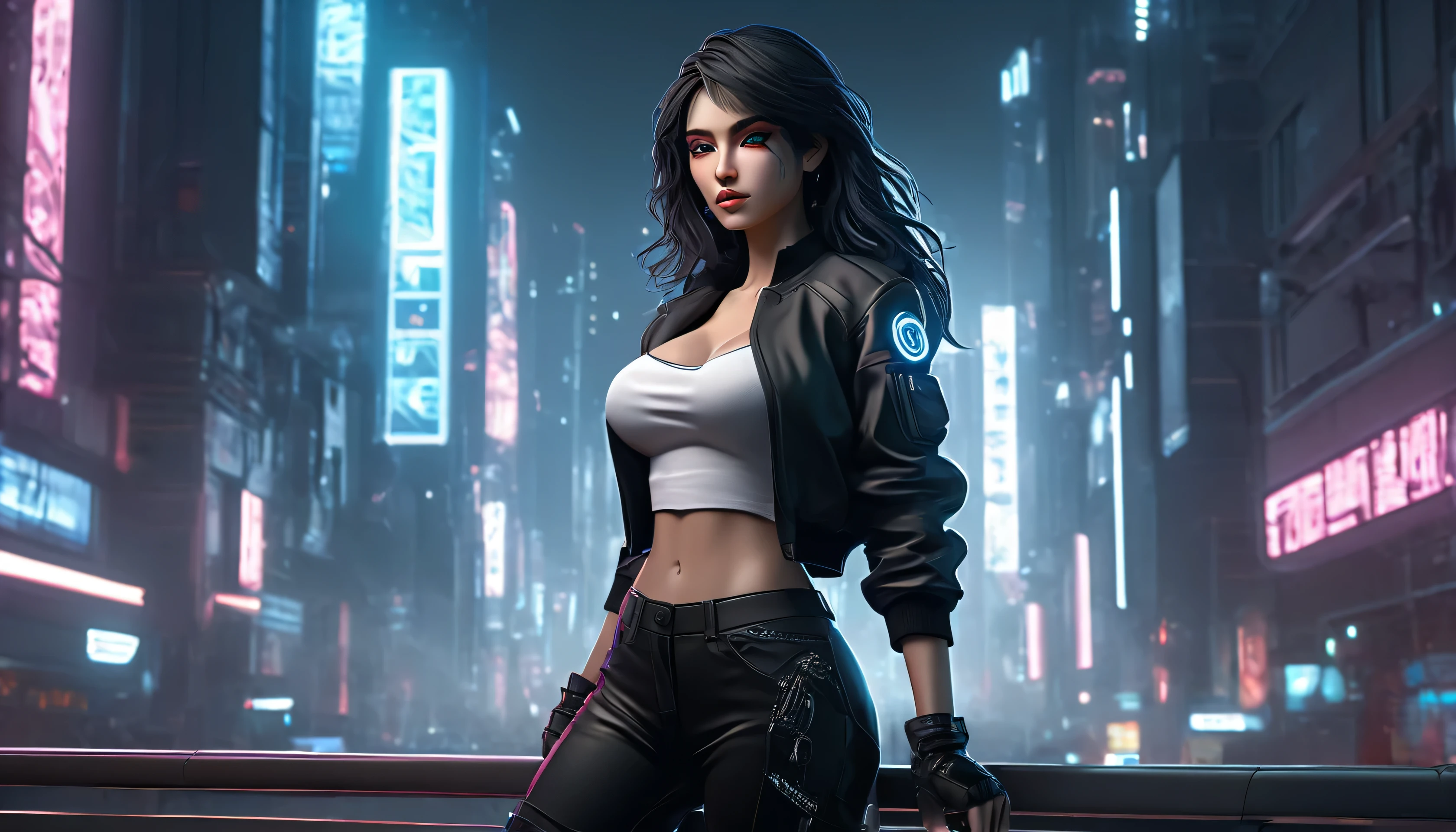 ((Reyna)), ((Forged in the heart of Russia)), Image is a digital illustration featuring a female character with a dark, mysterious aesthetic. She has a white skin tone and is dressed in a cropped jacket, a white t-shirt, and high-waisted black pants, long wavy hair. The vibrant colours pop against a gritty cyber city backdrop The background is dark, emphasizing the glowing elements and the character's confident, powerful stance. The overall style is sleek and modern, with a focus on dramatic lighting and shadow to create a sense of depth and intensity. ((Standing tall and hero pose)), UHD, masterpiece, accurate, super detail, high quality, high details, award winning, best quality, highres, 1080P, HD, 4K, 8k, 16k, ((Perfect black eyes)), Looking to viewer, straight pose, ((Straight view)), ((Full body)), ((Vibrant cyber city)), ((Big cleavage))