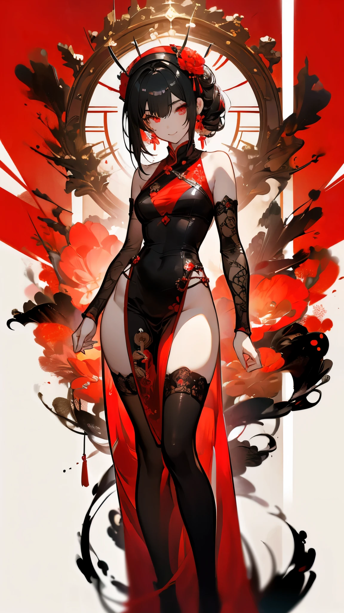 ((highest quality)), ((masterpiece)), (be familiar with),One female,Black Hair,Red eyes,Black Dress,Chest tattoo, Bewitching Smile,Heel,Black Hair,Hair tied around the neck,Red shawl,Erect nipples