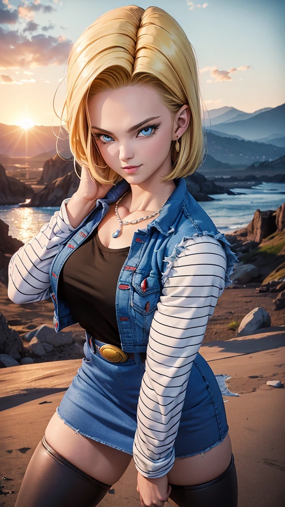 Android 18 from Dragon Ball Z, pose Sensual, (best quality, 4K, 8k, high resolution, work of art: 1.2) (climate: Clouded), hands five fingers perfect, destroyed city background, black shirt, striped sleeves, denim vest, denim skirt, pantyhose, pearl necklace, brown boots, waist belt, short hair, ultra detailed, <xml><input>realistic</input></xml>, portrait, beautiful detailed blue eyes, beautiful detailed lips, extremely detailed eyes and face, long eyelashes, Sensual, Normal, Big breasts, radiant smile, powerful girl in a battle, impressive curves, bright colors, lighting