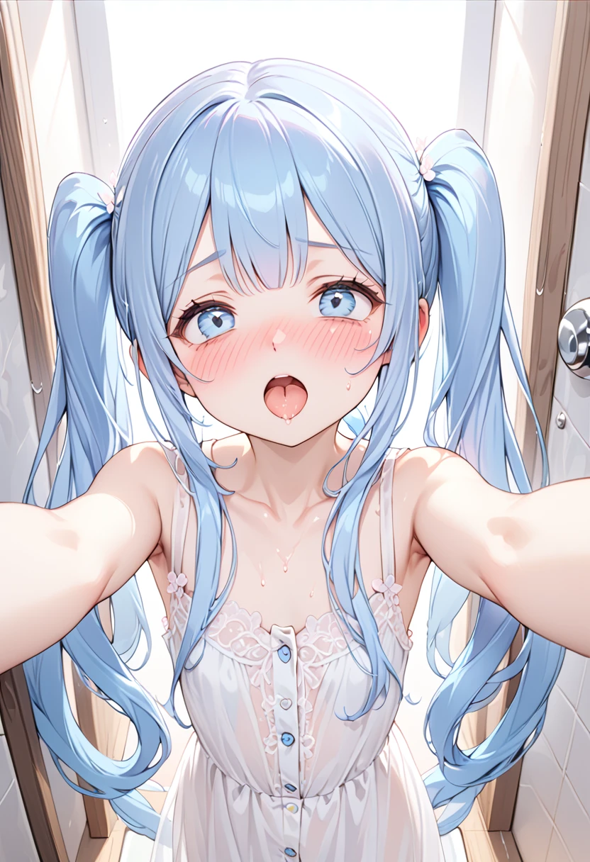 2person ,1girl, Blue Hair, Twin tails, Hair between the eyes, hair bow, eyebrows visible through hair,nipple, nsfw, 1man’s face, {{{man suck nipple, man lick nipple,Nipple torture}}}, tongue touch nipple, orgasm, portrait, best quality, very aesthetic,