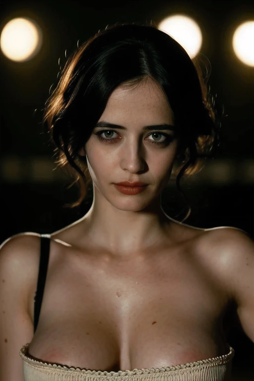wo_evagreen01,black hair, breasts visible ,close-up,dof,cinematic lighting,masterpiece,extremely detailed skin,pores,cinematic,add_detail, from the waist up, military uniform