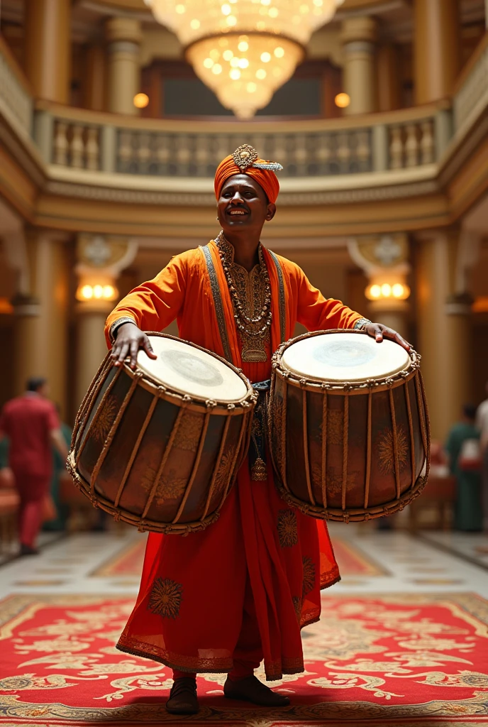 Aesthetic dholi playing dhol in hotel lobby - SeaArt AI
