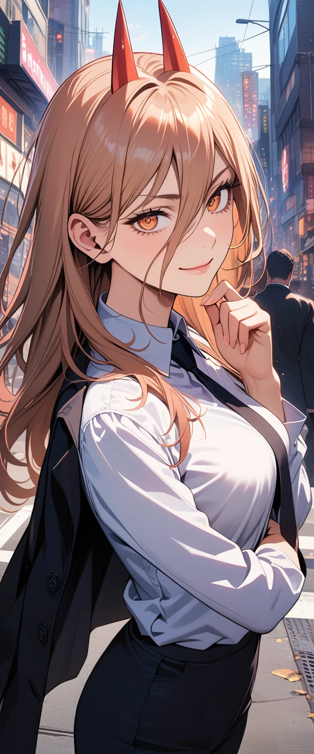 1girl, power \(chainsaw man\), chainsaw man, black necktie, black pants, braid, business suit, fingernails, formal, hand on own chin, jacket on shoulders, light smile, long sleeves, looking at viewer, looking up, medium breasts, office lady, smile, solo, suit, upper body, white shirt, outdoors. masterpiece, best quality, 8k resolution, trending on pixiv, illustration, official art, (breathtakingly gorgeous anime girl:1.3), (ultra-detailed, expressive eyes:1.8), captivating gaze, intricate irises and pupils, sparkling eye reflections, long, elegant eyelashes, meticulously drawn eyelashes, delicate, elegant fingers, five fingers, anatomically correct hands, intricate hand details, professional anime art