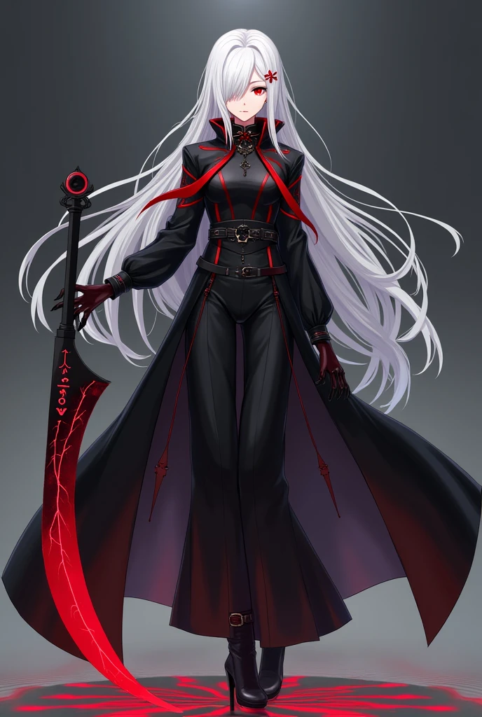 Create a highly detailed anime-style illustration of Noa, a young girl with long white hair, glowing red eyes with dragon-like pupils, and large goat-like horns with red patterns. She has a large bust and wears a gothic-style outfit with a black base and red decorations, featuring a long skirt with geometric patterns and an open chest area. She also has black armored boots that cover her knees. Her hair is voluminous, straight, and silver, with a shiny texture. She is in a [specific pose or scene], with a [background description]. The illustration should feature sharp lines (line thickness of 0.5px), vivid colors, and strong contrasts. The shading should be strong with a 70% opacity to provide a realistic three-dimensional look. The style should be smooth and vibrant anime art, matching the style seen in the reference images, with particular attention to the intricate details and high contrast of colors.