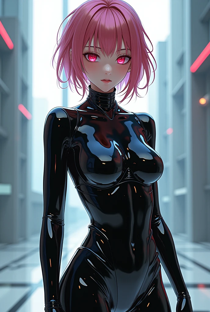 (((masterpiece))),(((High resolution)))、(((8K quality)))、(((Perfect Face)))、((Top quality eyes)), One Girl、24-years-old、Best Bust、Medium Chest、Beautiful Eyes、Pink Hair, Very short hair、blue eyes, Female Spy、full bodysuit, latex, (shiny clothes), outdoors, night, In an abandoned warehouse、cowboy shot, Dynamic Angle、Is doing a high kick、Shallow depth of field、Serious expression、