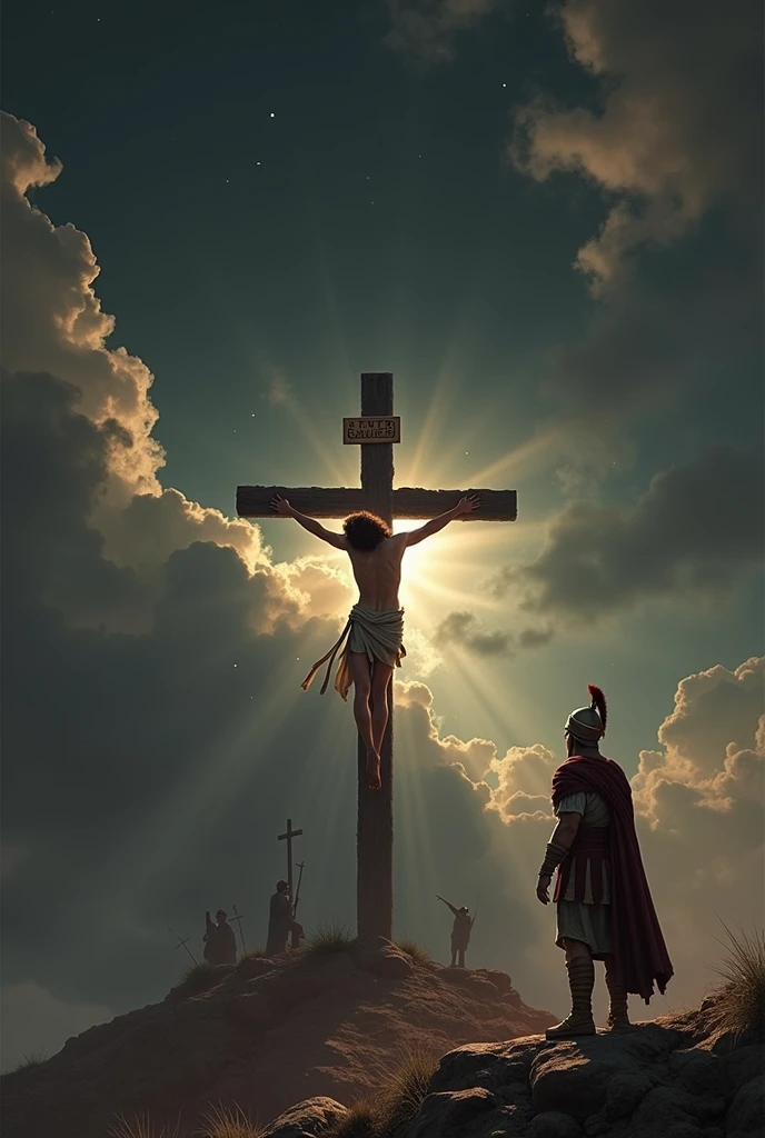 There is a 3D soldier dressed in silver armor kneeling in front of a cross with Jesus crucified with a colorful planetary background and 3 children running in the background playing with a teddy bear