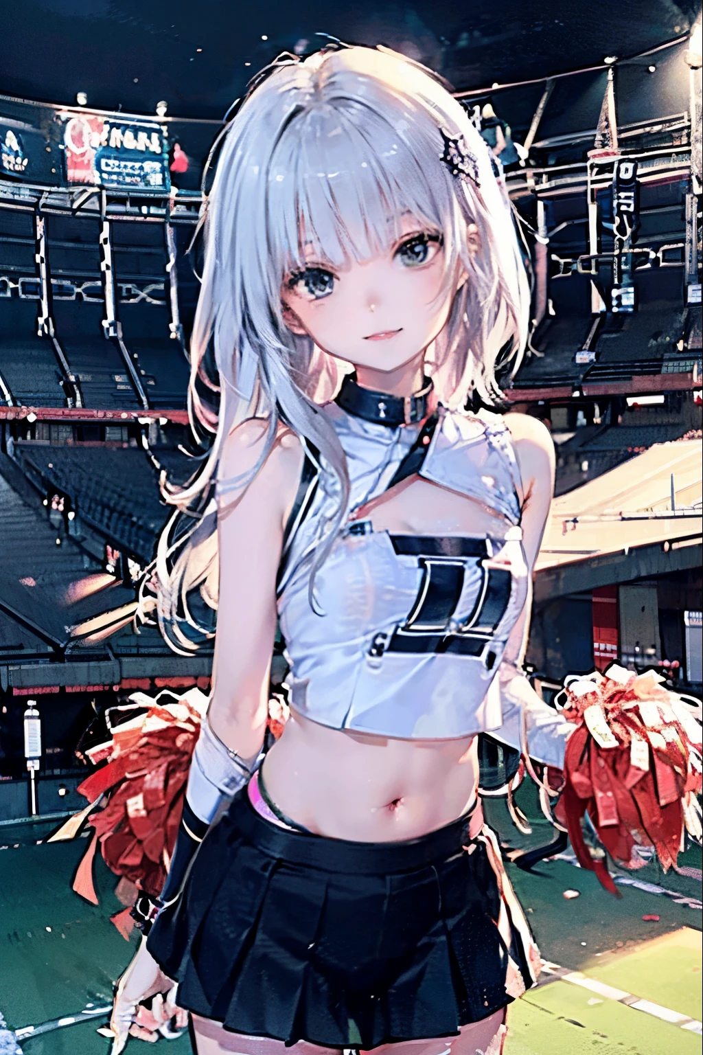 Cheerleader posing for support with big pom-poms、(stadium)、(tiny chest:1.4)、Raw photography, top-quality, hight resolution, (​masterpiece), (Photorealsitic:1.4), professional photograpy, sharp focus, nffsw, 8K resolution, intricate detailes, depth of fields, the Extremely Detailed CG Unity 8K Wallpapers, front lit, girl with, Smile、(A slender:1.3)、(taken from the under:1.5)、(skinny thigh)、Wear a baseball cap on your head、see -through