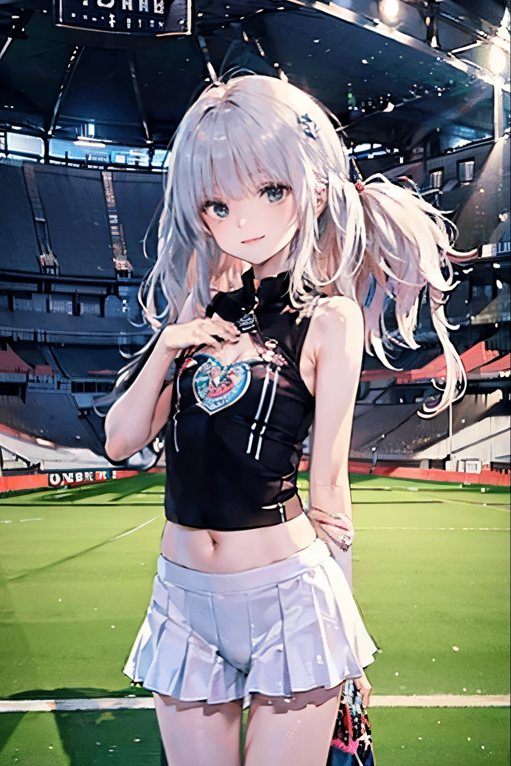 Cheerleader posing for support with big pom-poms、(stadium)、(tiny chest:1.4)、Raw photography, top-quality, hight resolution, (masterpiece), (Photorealsitic:1.4), professional photograpy, sharp focus, nffsw, 8K resolution, intricate detailes, depth of fields, the Extremely Detailed CG Unity 8K Wallpapers, front lit, girl with, Smile、(A slender:1.3)、(taken from the under:1.5)、(skinny thigh)、Wear a baseball cap on your head、see -through