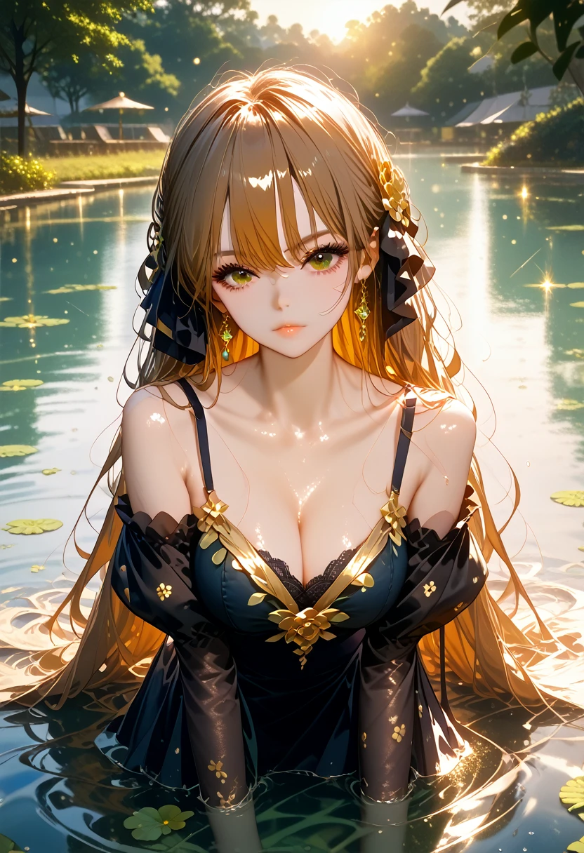 Girl Sits on a Big Ball Joyfully Flirts with the Viewer, Very Beautiful in Black Cotton Dress with Golden Patterns, Beautiful bangs, Long very Hair Voluminous two Hair Colors gold and green, Very Beautiful Brown Eyes, The pool is beautiful, Sun Shines Cloudy, Everything glitters, the water sparkles,core_9, score_8_up, score_7_up, dramatic lighting, highly detailed, high budget, bokeh, cinemascope, moody, epic, gorgeous, film grain, grainy, masterpiece, best quality, perfect anatomy, very aesthetic, official art, 8k, Ripples on the water from the wind,