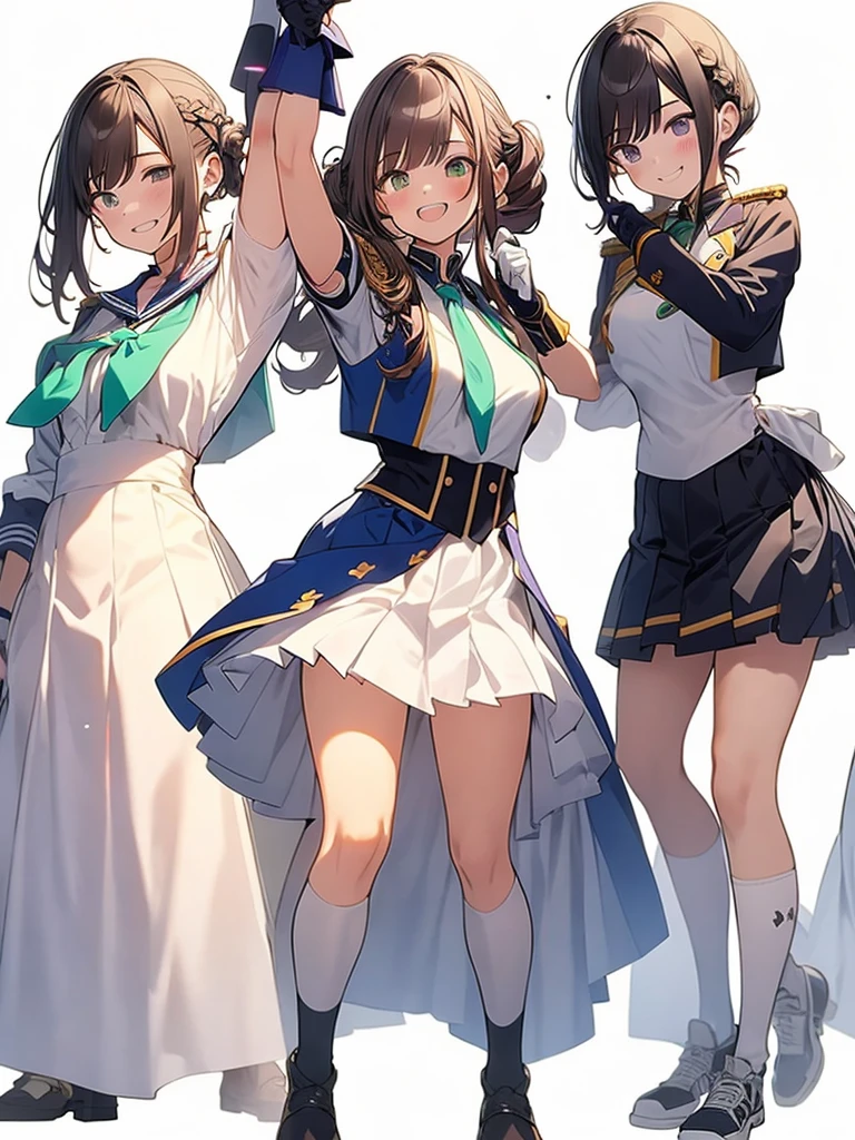 (((Best Quality))) , ((full body)), female, solo, (((white background))), variety of hairstyles, blue, orange, green, violet, brown, white, idol costume, short skirt,  gloves, Mess dress uniform, (character design),