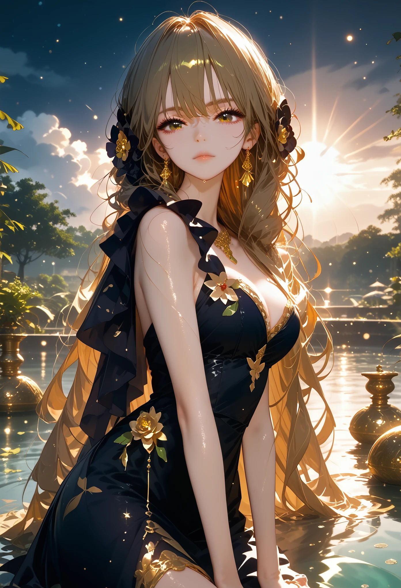 Girl Sits on a Big Ball Joyfully Flirts with the Viewer, Very Beautiful in Black Cotton Dress with Golden Patterns, Beautiful bangs, Long very Hair Voluminous two Hair Colors gold and green, Very Beautiful Brown Eyes, The pool is beautiful, Sun Shines Cloudy, Everything glitters, the water sparkles,core_9, score_8_up, score_7_up, dramatic lighting, highly detailed, high budget, bokeh, cinemascope, moody, epic, gorgeous, film grain, grainy, masterpiece, best quality, perfect anatomy, very aesthetic, official art, 8k, Ripples on the water from the wind,