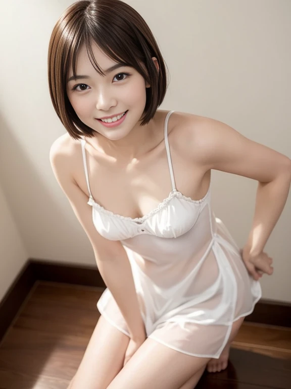 (masterpiece, best quality:1.2), photo of over the knees, a Japanese pretty girl, short hair, smile, flat chest:1.2, small breast:1.2, shiny white chemise, dynamic posing, horizontal angle, 