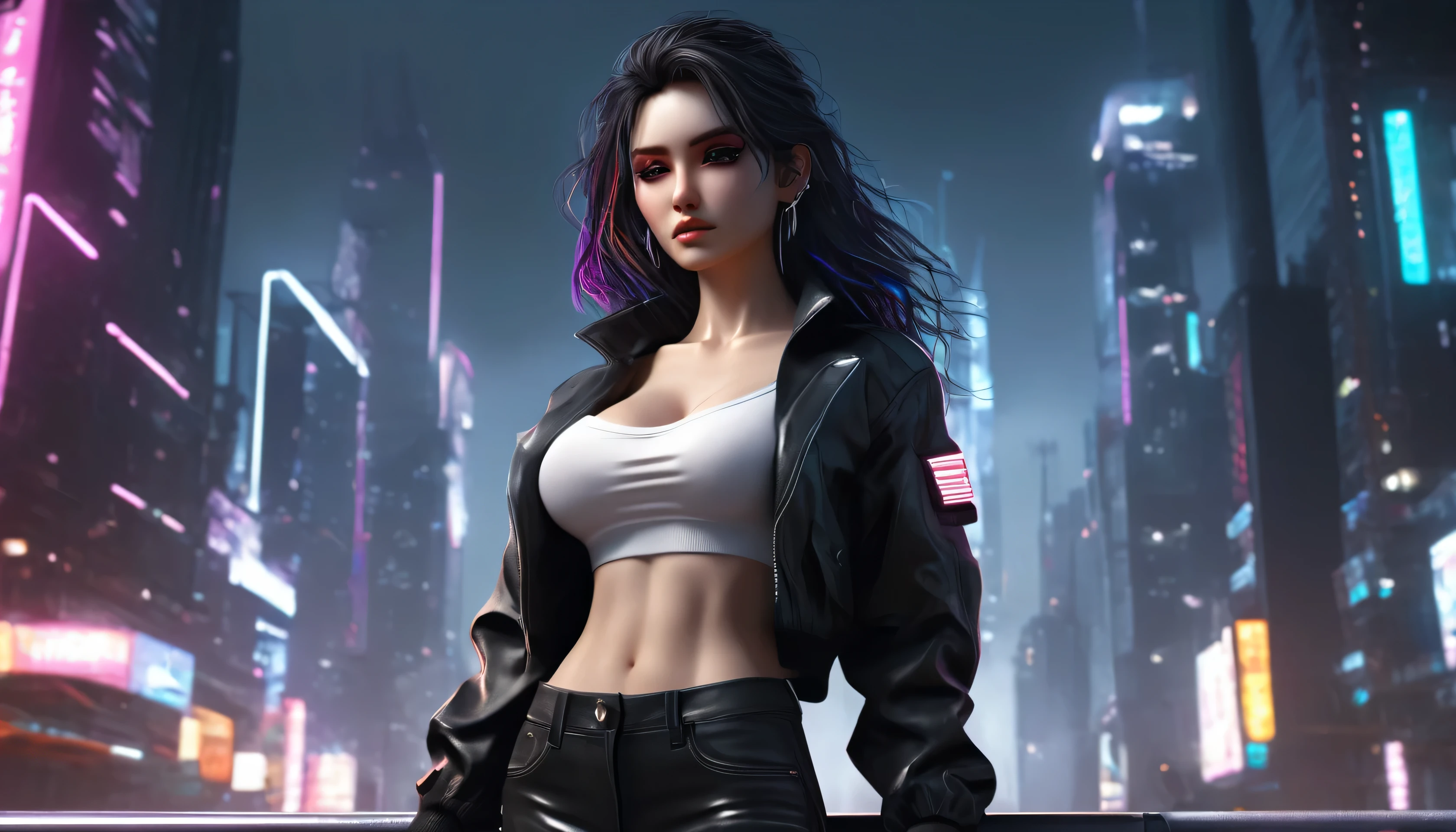 ((Reyna)), ((Forged in the heart of Russia)), Image is a digital illustration featuring a female character with a dark, mysterious aesthetic. She has a white skin tone and is dressed in a cropped jacket, a white t-shirt, and high-waisted black pants, long wavy hair. The vibrant colours pop against a gritty cyber city backdrop The background is dark, emphasizing the glowing elements and the character's confident, powerful stance. The overall style is sleek and modern, with a focus on dramatic lighting and shadow to create a sense of depth and intensity. ((Standing tall and hero pose)), UHD, masterpiece, accurate, super detail, high quality, high details, award winning, best quality, highres, 1080P, HD, 4K, 8k, 16k, ((Perfect black eyes)), Looking to viewer, straight pose, ((Straight view)), ((Full body)), ((Vibrant cyber city)), ((Big cleavage))