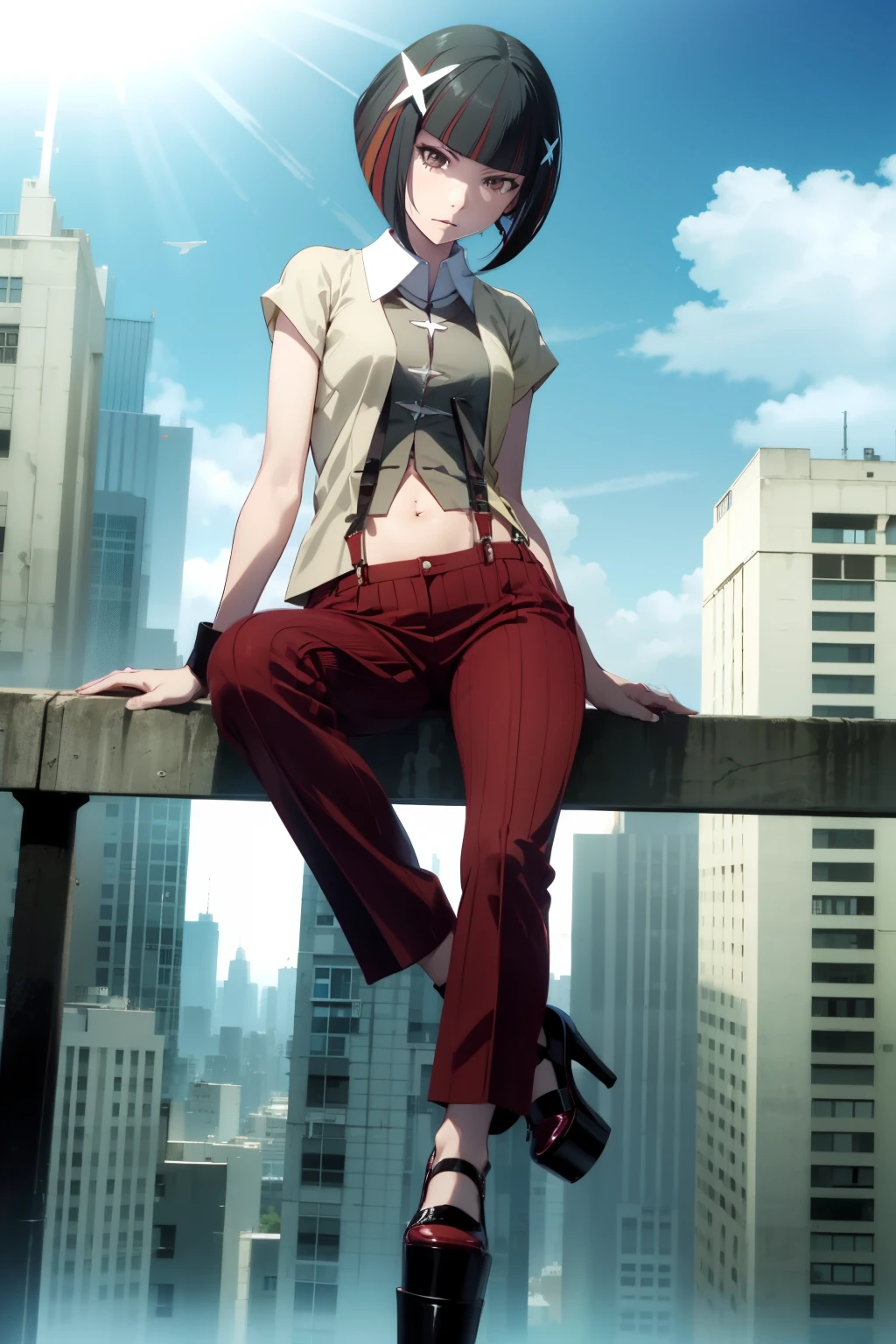 1girl, looking at viewer, Alone, kagenuiyozuru, short hair, bob cut, bangs, multicolored hair, red hair, black hair, streaked hair, brown eyes, star hair ornament, navel, shirt, red pants, Wristband, jacket, short sleeves, suspenders, heels, black footwear, platform footwear, Sitting on a building in the air、spread legs,My legs,(Narrow eyes、Sharp Eye)