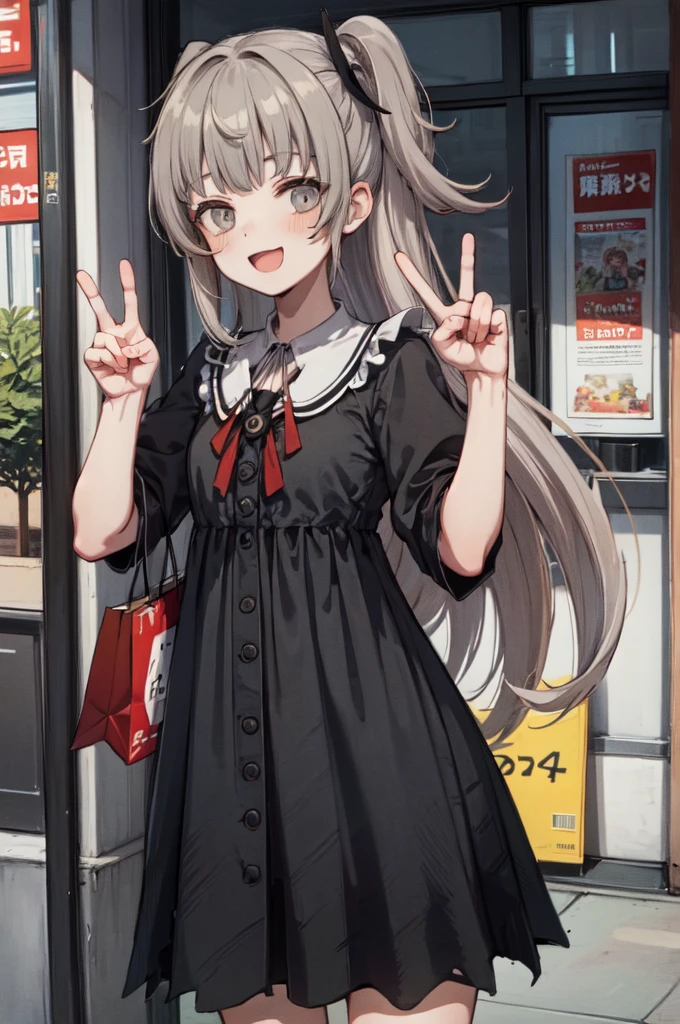 nanamibase, happy,
grey hair, grey eyes, (long hair:1.2), maid, black dress, outdoors, shopping, akihabara, v
 