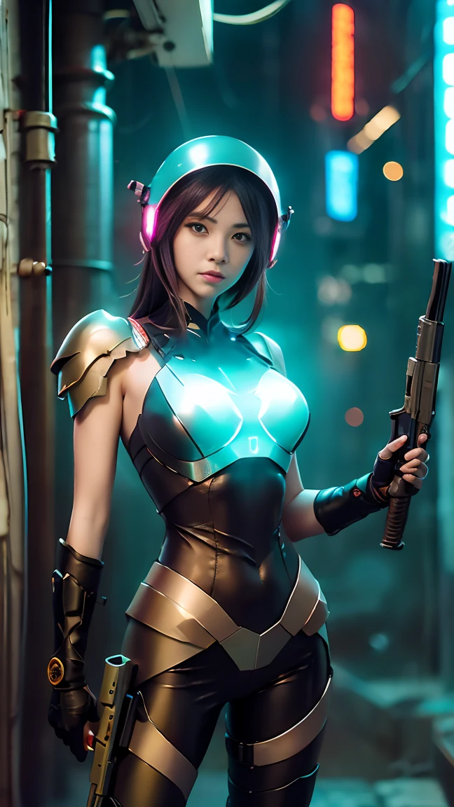 1 girl, weapon, rain, gun, alone, helmet, Holding, science_novel, gunกล_gunยาว, gunยาว, chest, Holding_weapon, full_body, hairหางม้า, bodysuit, Holding_gun, standing walking, Cyberpunk, armor, black_hair, Serious eyes