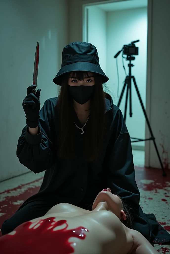 korean girl, (behind stiff, holding knife), black surgical mask, black gloves, torture chamber, , black raincoat, holding knife, bucket hat, black gloves, woman on top, looking at viewer, behind cadaver, blood splatter, night, mass murderer, killer, wavy hair, blood splatter, dark atmosphere, cinematic lighting, neon light, close-up, tripod and camera in the back, shooting with camera
