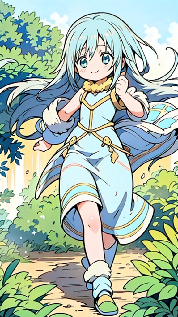 masterpiece, best quality, beautiful, cute visual art, girl (proportion: 1:5 heads), Tensei Shitara Slime Datta Ken, rimuru tempest, cute, happy smile, longer blue hair, yellow eyes, walking in the forest {(wind power: 0.5)}, blue dress {(long dress details: 1.0)}, slim and long legs (open legs), Ezbian full body (softly wind blows), {{((A gentle wind blows her hair))}}, good proportions, looking at the viewer, ink, blushing, big smile, no nose, cute style, pastel tones, soft colors