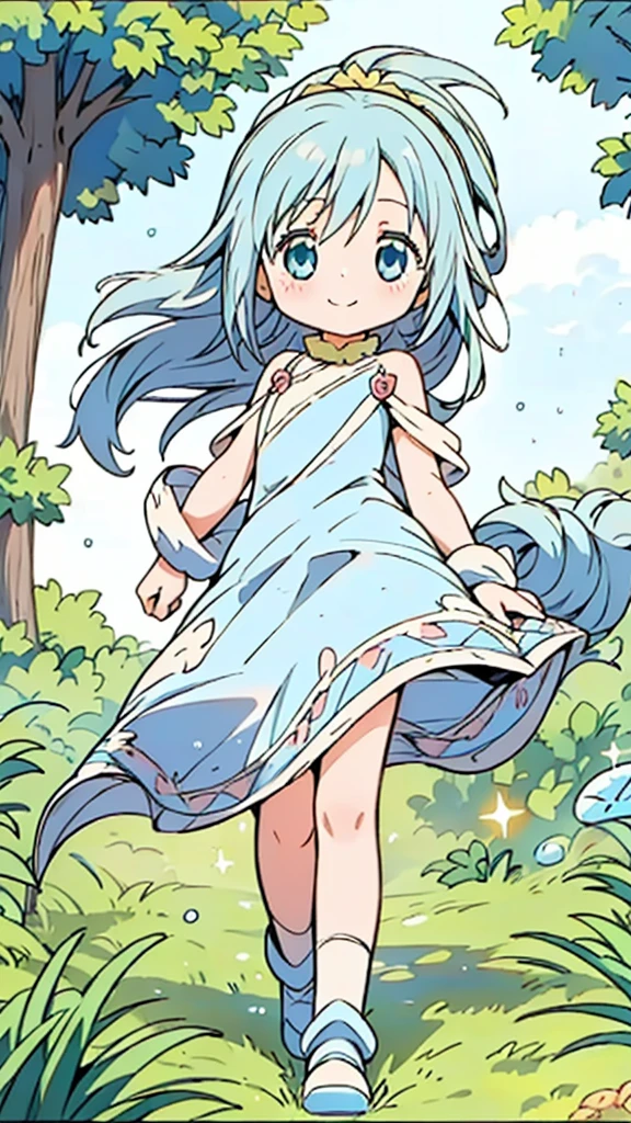 masterpiece, best quality, beautiful, cute visual art, girl (proportion: 1:5 heads), Tensei Shitara Slime Datta Ken, rimuru tempest, cute, happy smile, longer blue hair, yellow eyes, walking in the forest {(wind power: 0.5)}, blue dress {(long dress details: 1.0)}, slim and long legs (open legs), Ezbian full body (softly wind blows), {{((A gentle wind blows her hair))}}, good proportions, looking at the viewer, ink, blushing, big smile, no nose, cute style, pastel tones, soft colors