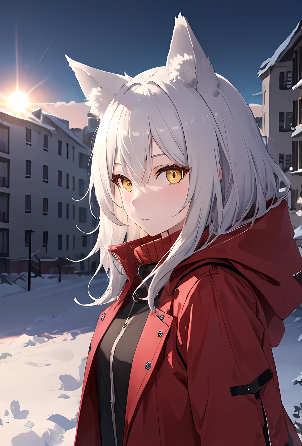 (safe: 1.10), best quality, masterpiece, high resolution, solo, girl, silver hair, wolf ears, yellow eyes, red coat, (red arknights project: 0.8), looking at the viewer, city background, snowfall, sun behind