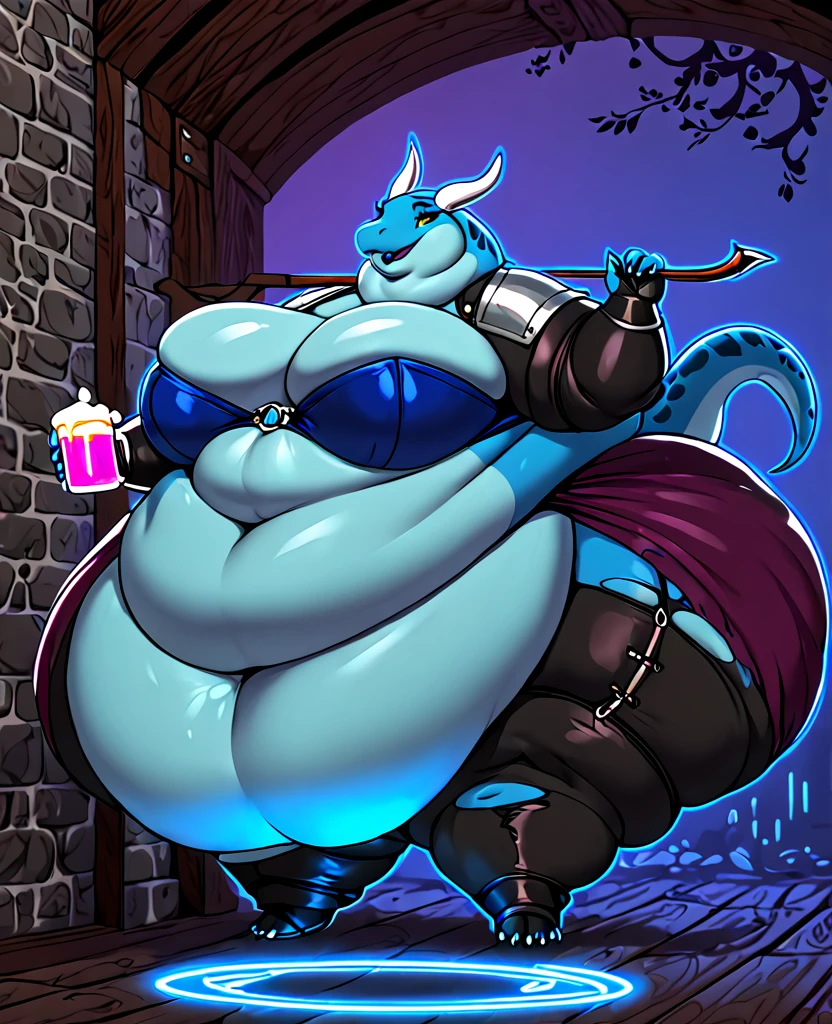 A reptile, femboy, It is colored neon light blue, with a huge, obese butt, an obese body with a round and distended belly, round breasts with a 40DDD cup, dressed in tight, torn medieval archer clothing. 