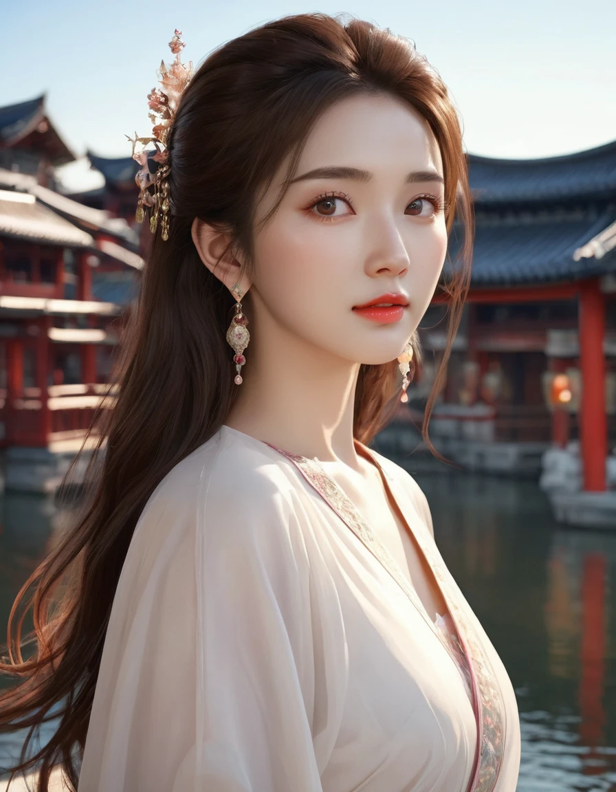 (Best Quality: 1.3, Masterpiece: 1.3), Ultra HD, (1girl, solo), atmospheric perspective, detailed face, upper body, makeup, pink lips, cleft lip, shiny skin, (brown hair), super long hair, Looking at In front of the audience, red eyes, earrings, small breasts, slim body, (white silk), (((((East Asian architecture, riverside, beautiful background))), perfect lighting, (frontal lighting), physically based rendering,