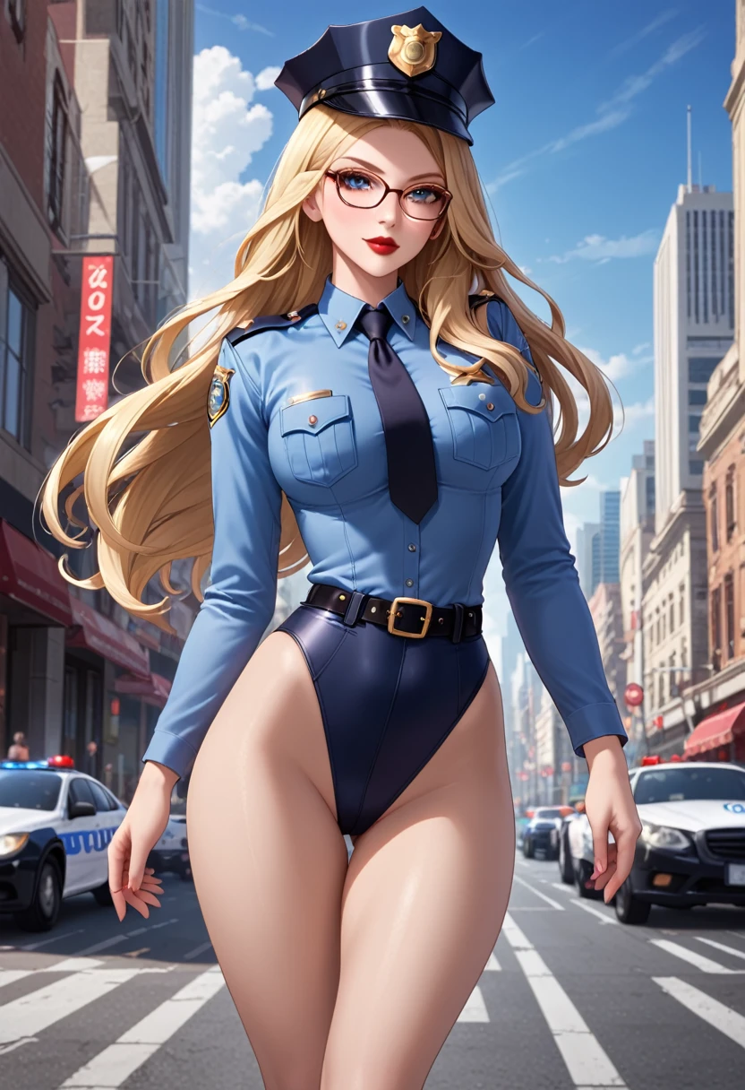 2mujer madura, beautiful, Long hair, blonde, glasses, red lipstick, Leotard white, bare legs, police uniform, police hat, long sleeve, tie, in the city,
