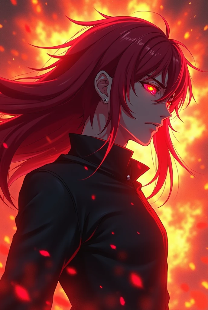 Teenage boy, serious face, tidy hair, long hair, hair with bangs covering the left eye, multicolored black and red hair, crossed arms, dark red shirt, baggy black red coat with details, fiery aura 