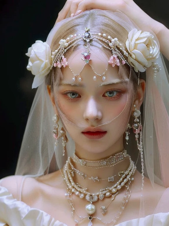 a close up of a woman wearing a veil and pearls and pink eyes, in a high renaissance style, in a renaissance style, ethereal beauty, pearls and chains, porcelain pale skin, delicate androgynous prince, incredibly ethereal, veils and jewels, beautiful with eerie vibes, ethereal fairytale, futuristic and ethereal inspired 