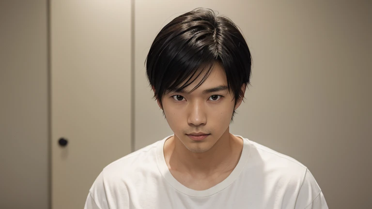 a young Japanese man named Ryo Takahashi in his late 20s. He has short, neat black hair and gentle, warm eyes. His face is clean-cut, with well-defined features that give him a handsome, approachable look. He is wearing a simple, stylish casual outfit, such as a white T-shirt and a light jacket. His expression is kind and thoughtful, radiating calm and supportiveness. The background is softly lit and neutral, focusing on his warm and friendly demeanor