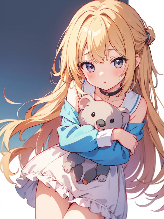 (Anime Style:1.4),(Colored pencil style:1.1),Add a soft touch to your painting、超High resolution, Attention to detail, high quality, High resolution, 最high quality, 4K, 8k,A girl is hugging a koala、Long wavy blonde hair、Pop Background、cute,