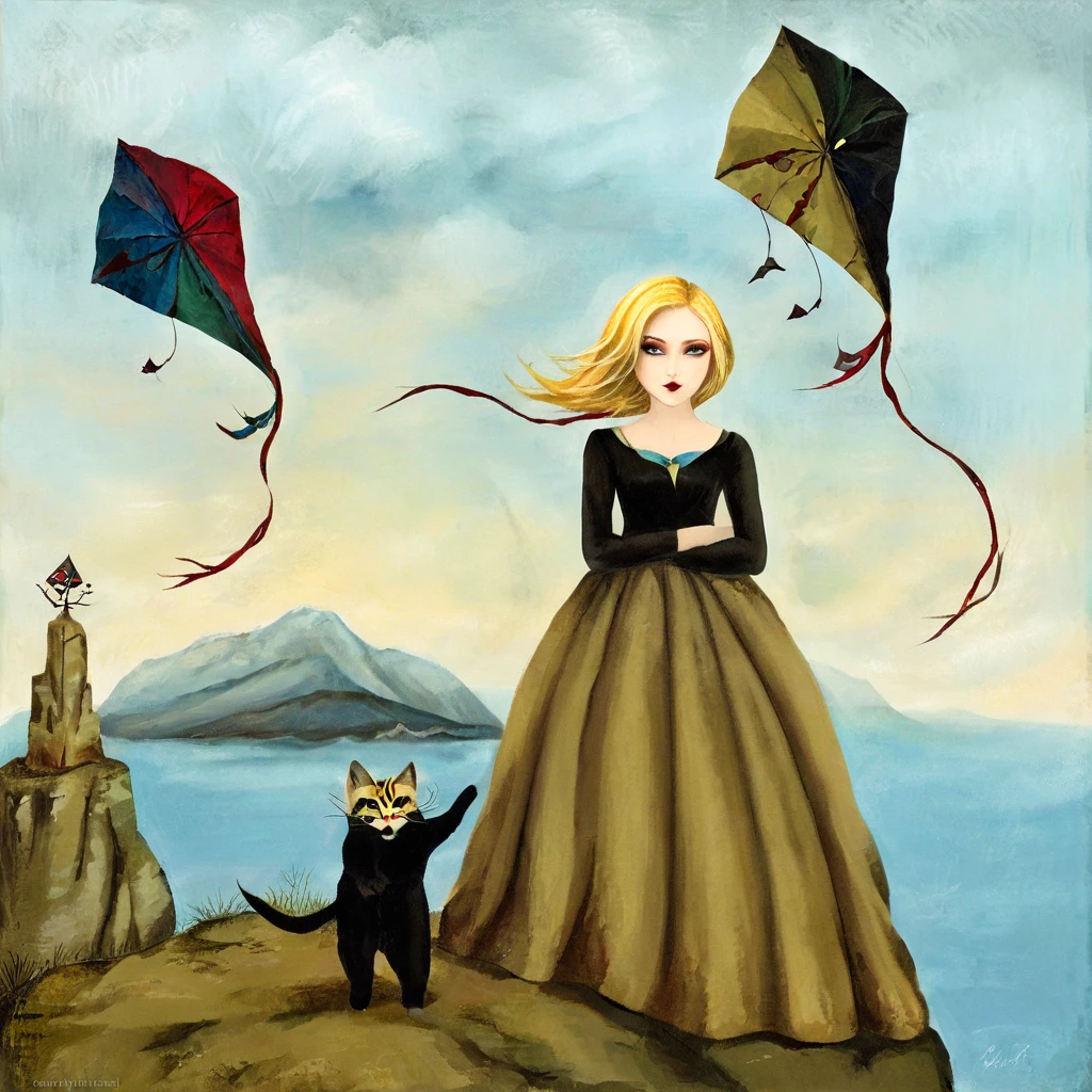 oil and acrylic painting. In the style of Andy Kehoe and Tracy Grimwood, Catrin Welz-Stein .A blond girl, On the top of a high cliff, holds back kites in the shape of theatrical masks with difficulty because of the wind.
