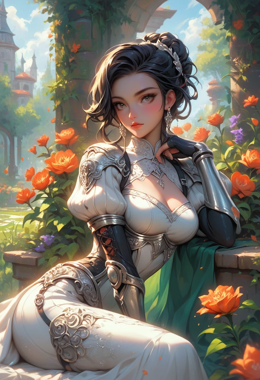 deus ex style, portrayal of a female figure in a garden setting. She is adorned in ornate silver armor with intricate designs complemented by a flowing white dress. Her long dark hair cascades down her back and she is depicted in a contemplative pose resting her head on her hand. The garden is lush with vibrant orange and red flowers and the background is a blend of green foliage and a hint of a stone wall. The color palette is rich and warm with the metallic sheen of her armor contrasting against the bright hues of the flowers and the earthy tones of the garden 