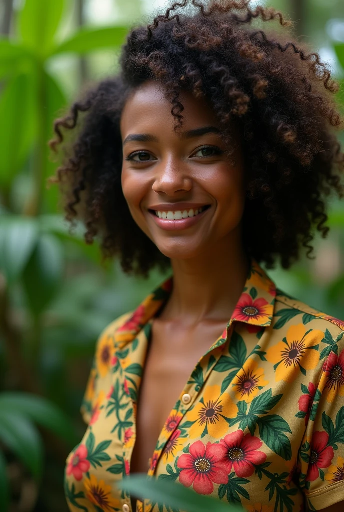 An American woman in a lush tropical garden, wearing a Brazil shirt, with a close-up capturing the harmonious beauty between her breasts and the natural flowers, showing off your natural charm and outgoing personality.