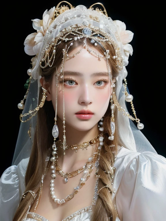 a woman with long hair wearing a white dress and a veil and golden eyes, baroque hair, pearls and chains, inspired by Jean Jouvenet, in a high renaissance style, baroque art jewelry, inspired by Konstantin Vasilyev, in a renaissance style, neo-rococo expressionist style, rococo fashion, inspired by Hendrick van Balen, veils and jewels