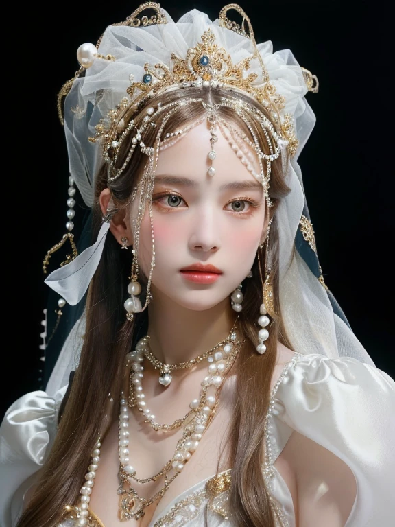 a woman with long hair wearing a white dress and a veil and golden eyes, baroque hair, pearls and chains, inspired by Jean Jouvenet, in a high renaissance style, baroque art jewelry, inspired by Konstantin Vasilyev, in a renaissance style, neo-rococo expressionist style, rococo fashion, inspired by Hendrick van Balen, veils and jewels