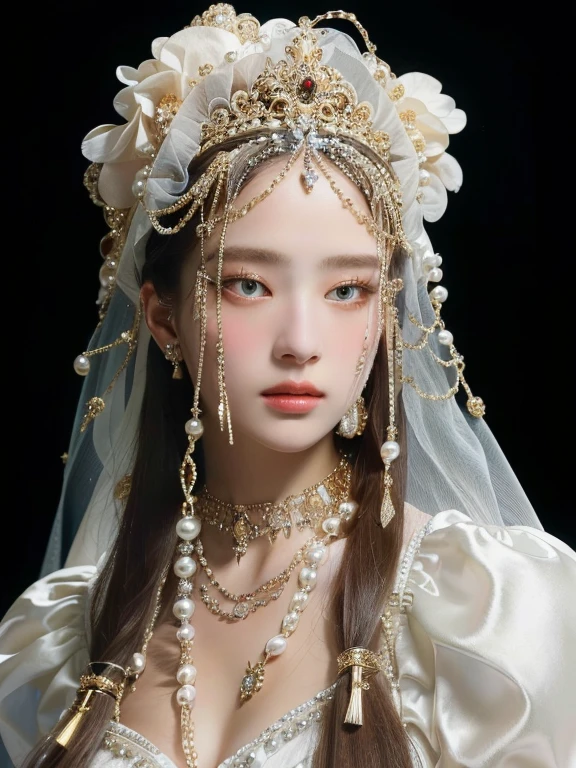 a woman with long hair wearing a white dress and a veil and golden eyes, baroque hair, pearls and chains, inspired by Jean Jouvenet, in a high renaissance style, baroque art jewelry, inspired by Konstantin Vasilyev, in a renaissance style, neo-rococo expressionist style, rococo fashion, inspired by Hendrick van Balen, veils and jewels