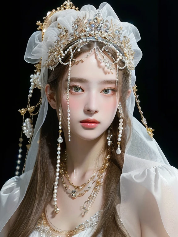 a woman with long hair wearing a white dress and a veil and golden eyes, baroque hair, pearls and chains, inspired by Jean Jouvenet, in a high renaissance style, baroque art jewelry, inspired by Konstantin Vasilyev, in a renaissance style, neo-rococo expressionist style, rococo fashion, inspired by Hendrick van Balen, veils and jewels