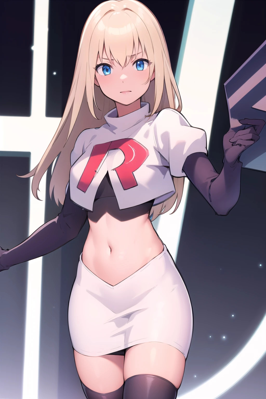 1girl, solo,
 colette brunel, long hair, team rocket,team rocket uniform,white skirt,red letter R,crop top,black thigh-highs,black elbow gloves