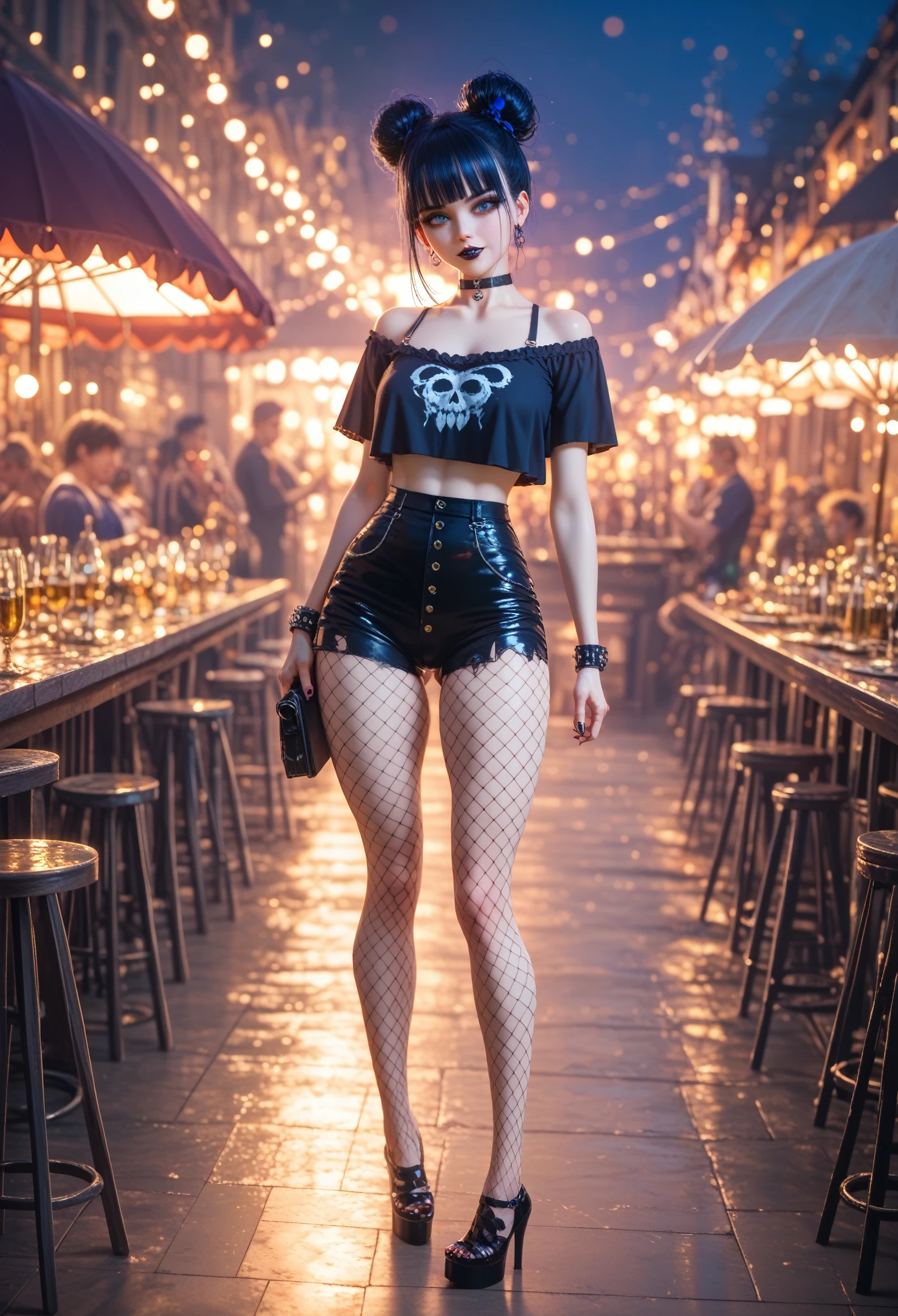 goth clothes, choker, high shoes, fishnet, Улица Стена из графита с Граффити, Фонари, Очень Красивый и Сексуальный Взгляд, Заигрывание со зрителем, Ухмылка, стоит в Позиции,core_9, score_8_up, score_7_up, dramatic lighting, highly detailed, high budget, bokeh, cinemascope, moody, epic, gorgeous, film grain, grainy, masterpiece, best quality, perfect anatomy, very aesthetic, official art, 8k, без nsfw,