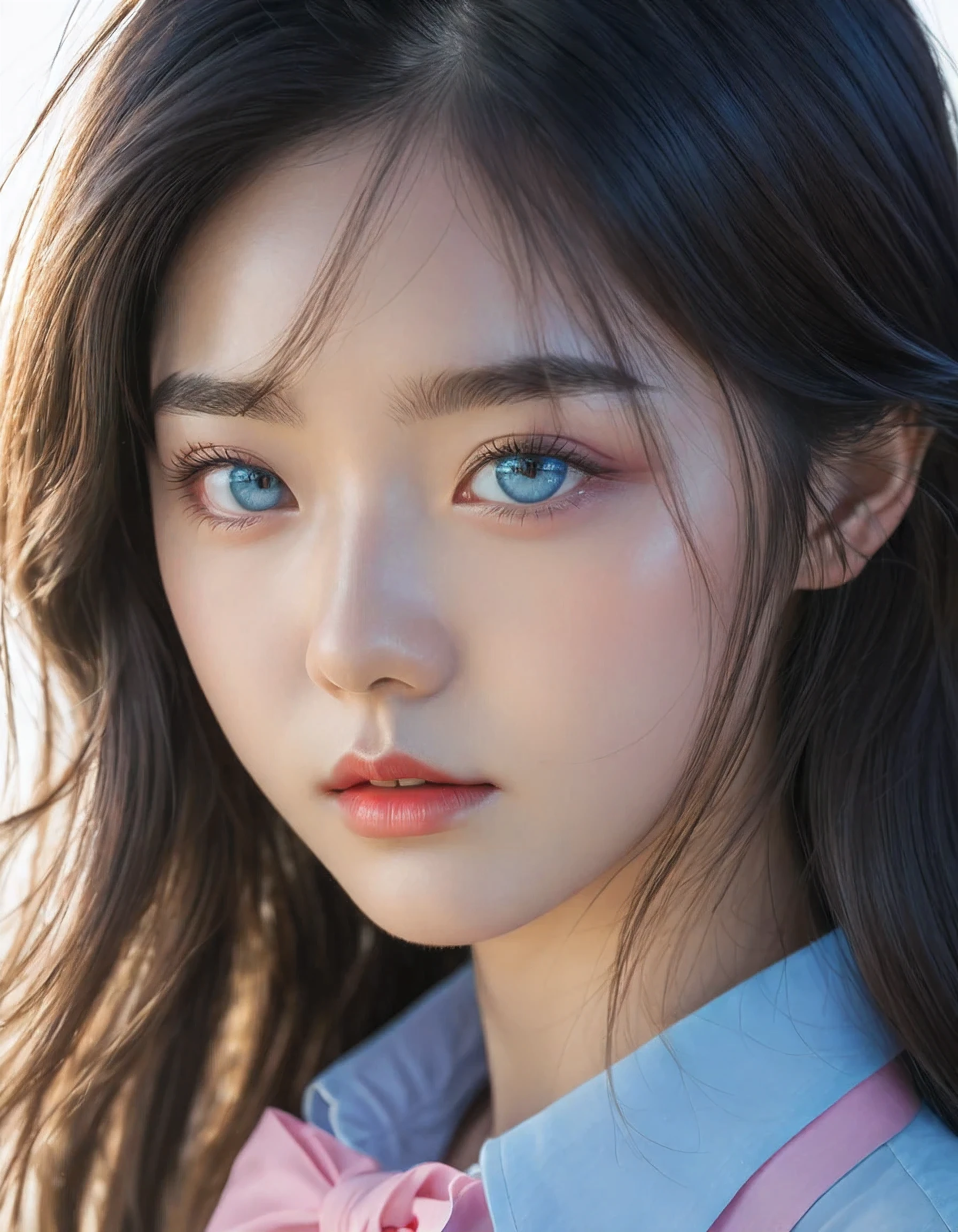 (detailed beautiful eyes and detailed face, masterpiece side light, masterpiece, best quality, detailed, high resolution illustration), (1 girl, beautiful girl, shiny skin, looking down, looking at viewer), ( Sky blue long hair, pink eyes, skirt, ribbon, button-down shirt) 45 degrees, top view,  sideways, (hand detail), (Best quality, High resolution, Masterpiece :1.3), ulzzang, ImgFixerPre0.3