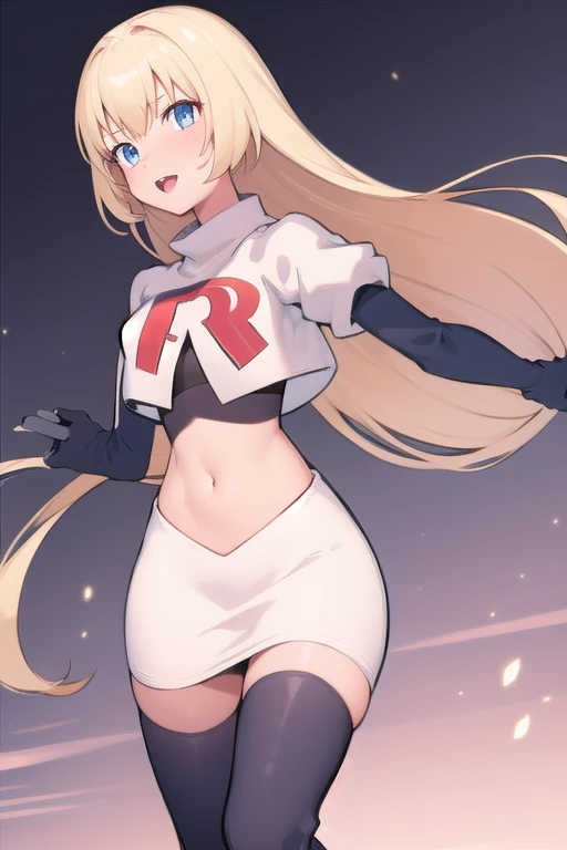 1girl, solo,
 colette brunel, long hair, team rocket,team rocket uniform,white skirt,red letter R,crop top,black thigh-highs,black elbow gloves